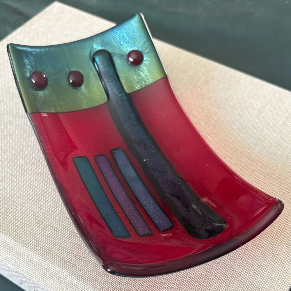 Artist Signed Fused Art Glass Dish Modern Studio Red Blue/Green iridescent - Picture 9 of 10